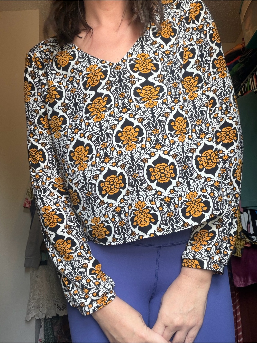 Astr Floral Long-Sleeve Top in Mustard, Black & White